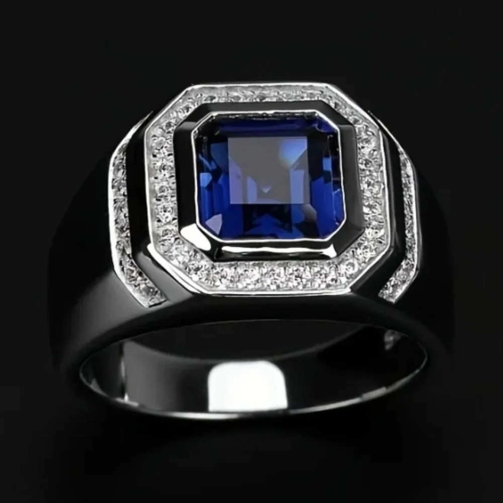 Stainless Steel Blue Gemstone Crystal Ring Men's